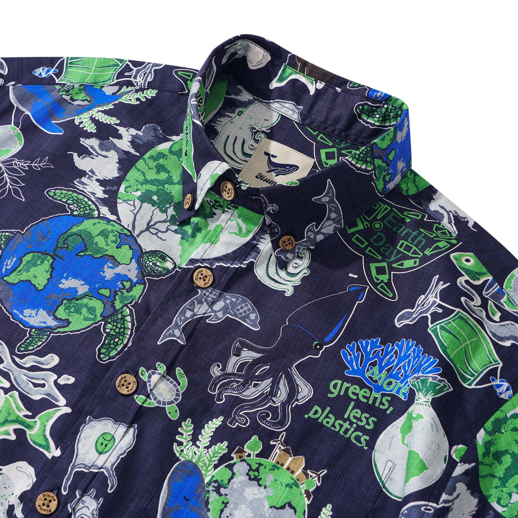 Men's Hawaiian Shirt Short Sleeve Button-down 100% Cotton Aloha Save Earth By Yana