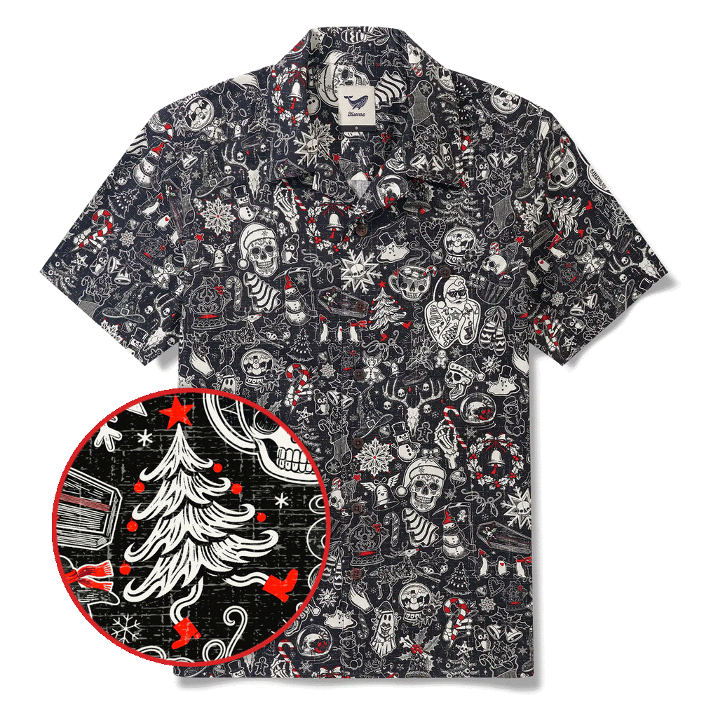 Christmas Gift Men's Hawaiian Shirt Short Sleeve Camp Collar 100% Cotton Black Aloha Christmas Party By Mo