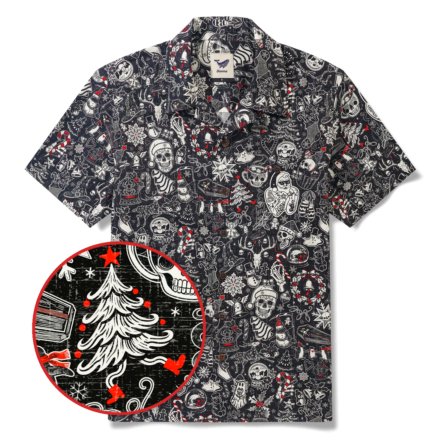 Christmas Gift Men's Hawaiian Shirt Short Sleeve Camp Collar 100% Cotton Black Aloha Christmas Party By Mo