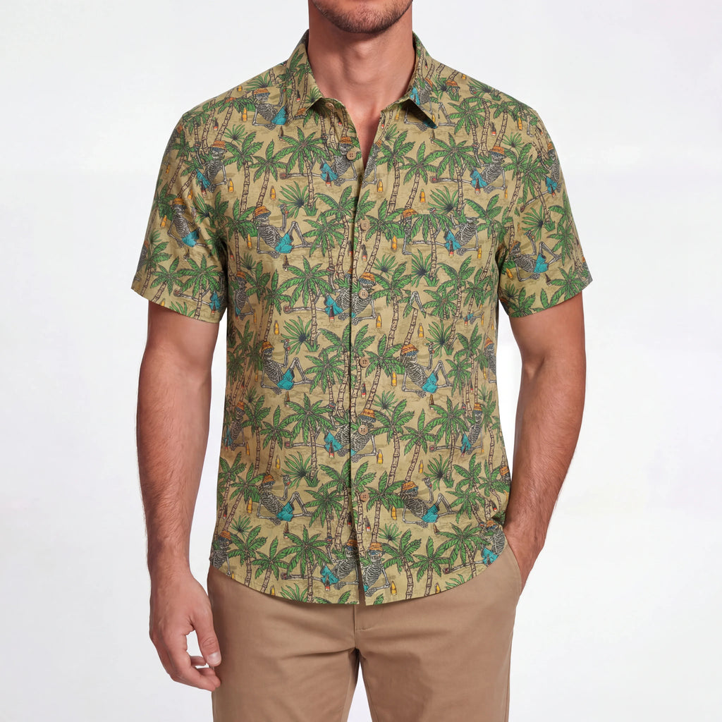 LeosWare® Men's Hawaiian Shirt Short Sleeve Button-up 100% Cotton Green Aloha Skeleton's Coconut Beach Vacation By Ann