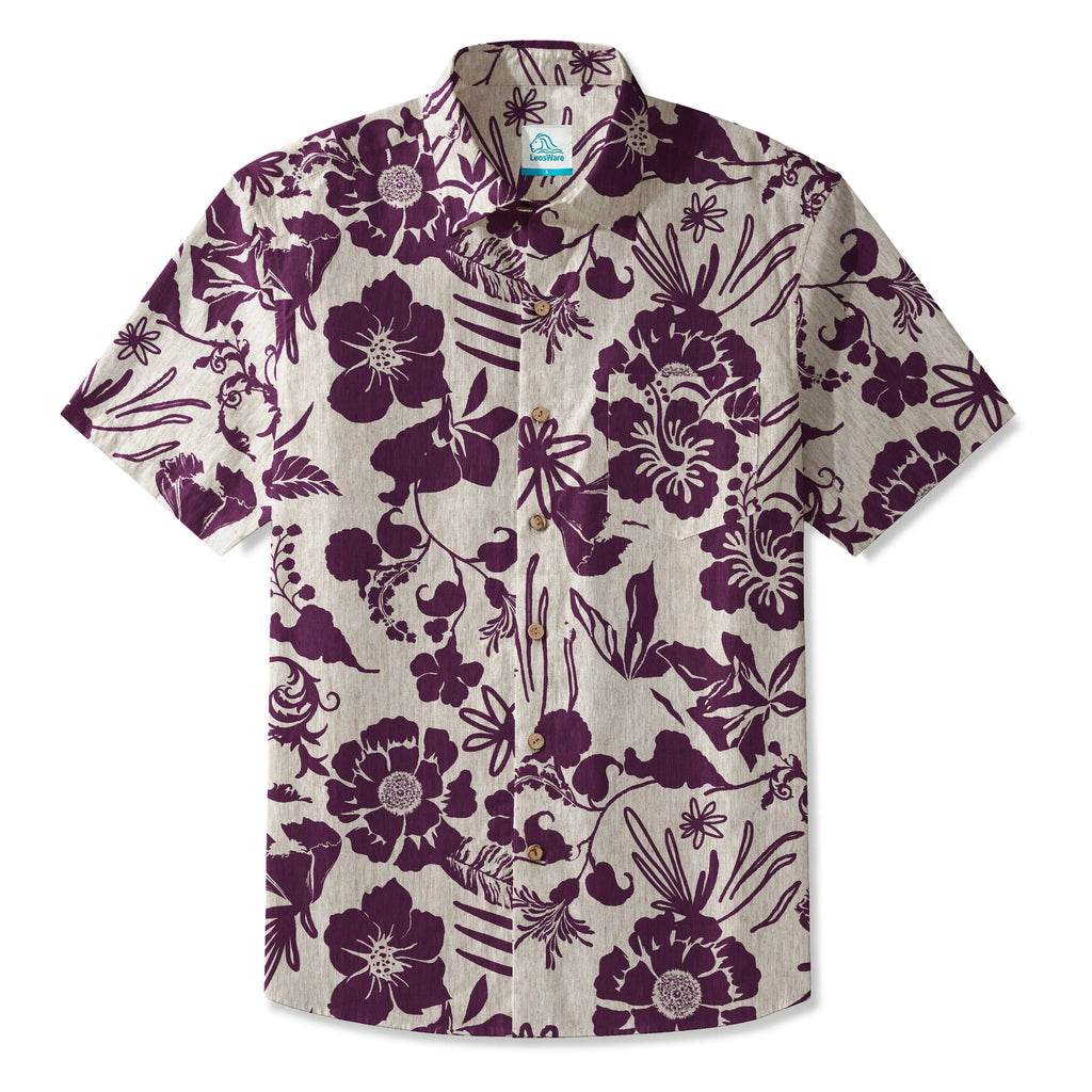 LeosWare® Men's Hawaiian Shirt Short Sleeve Button-up 100% Cotton Red Aloha Floral Silhouette By Huan huan