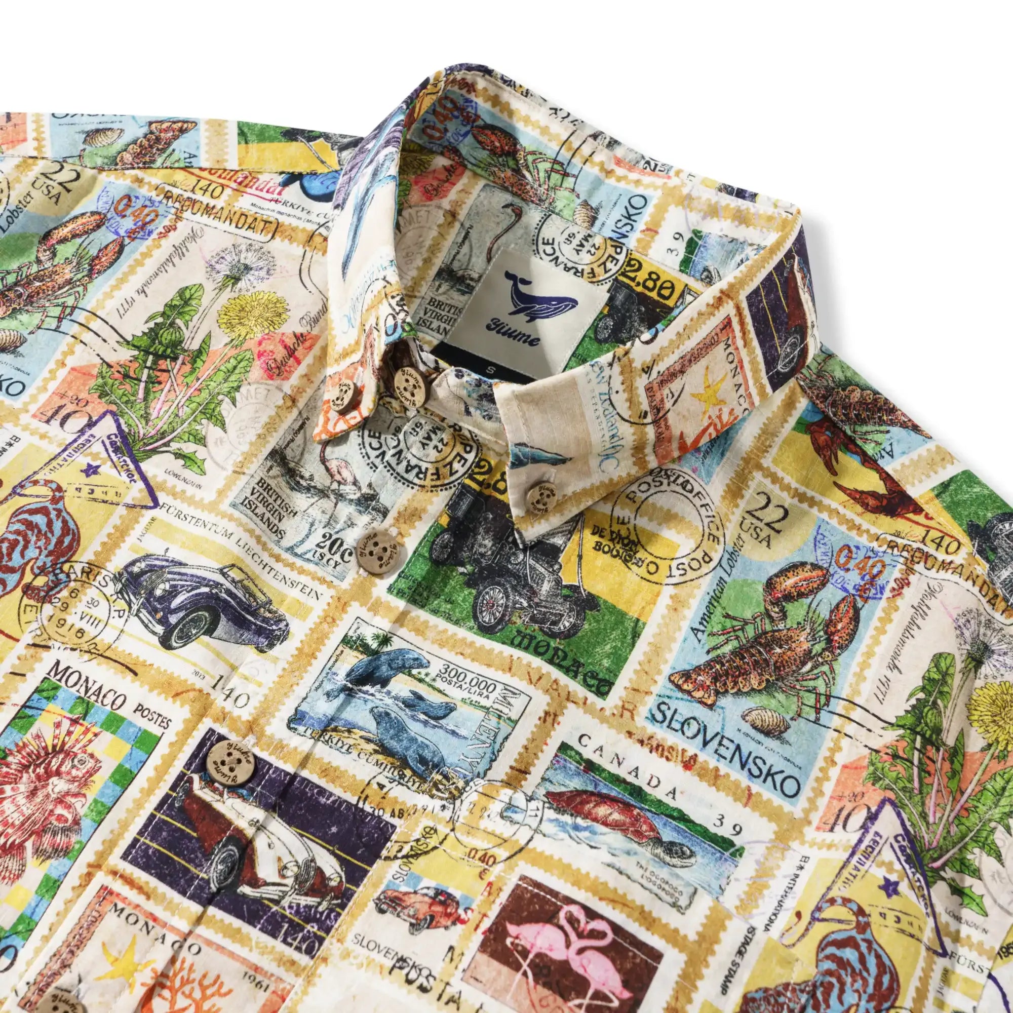 Men's Hawaiian Shirt Short Sleeve Button-down 100% Cotton White Aloha Nautical Vintage Car Postage Stamp Collage By Huan huan