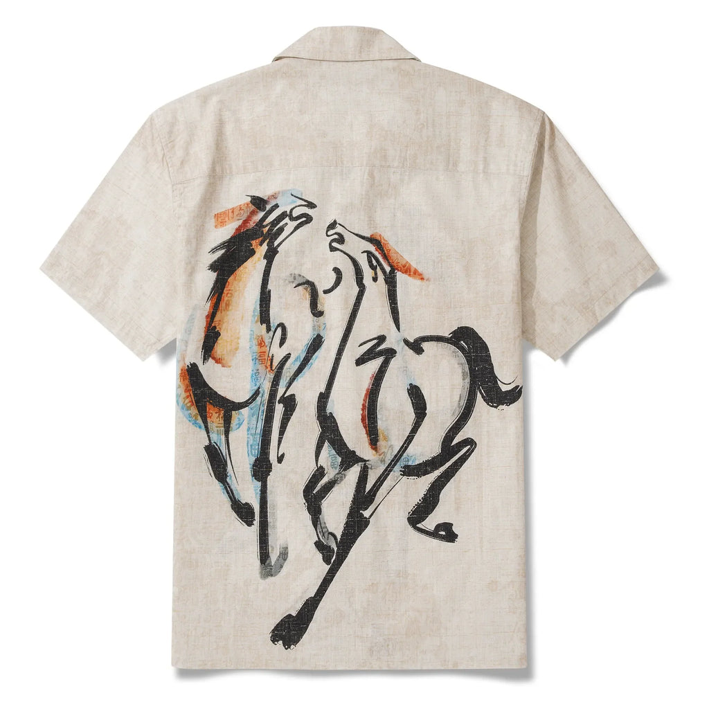 Men's Hawaiian Shirt Short Sleeve Camp Collar 100% Cotton Beige Aloha Horse Fortunate Gallop Year of the Horse 2026 By Huan huan