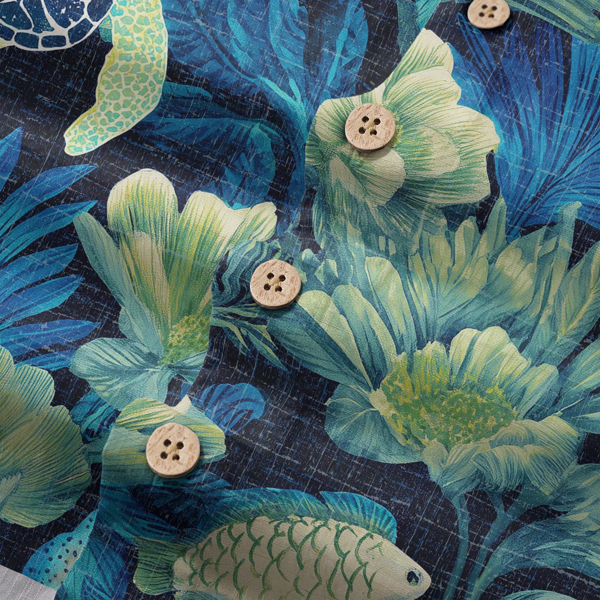 LeosWare® Men's Hawaiian Shirt Short Sleeve Button-up 100% Cotton Blue Aloha Deep Sea Flowers And Turtles By Ann