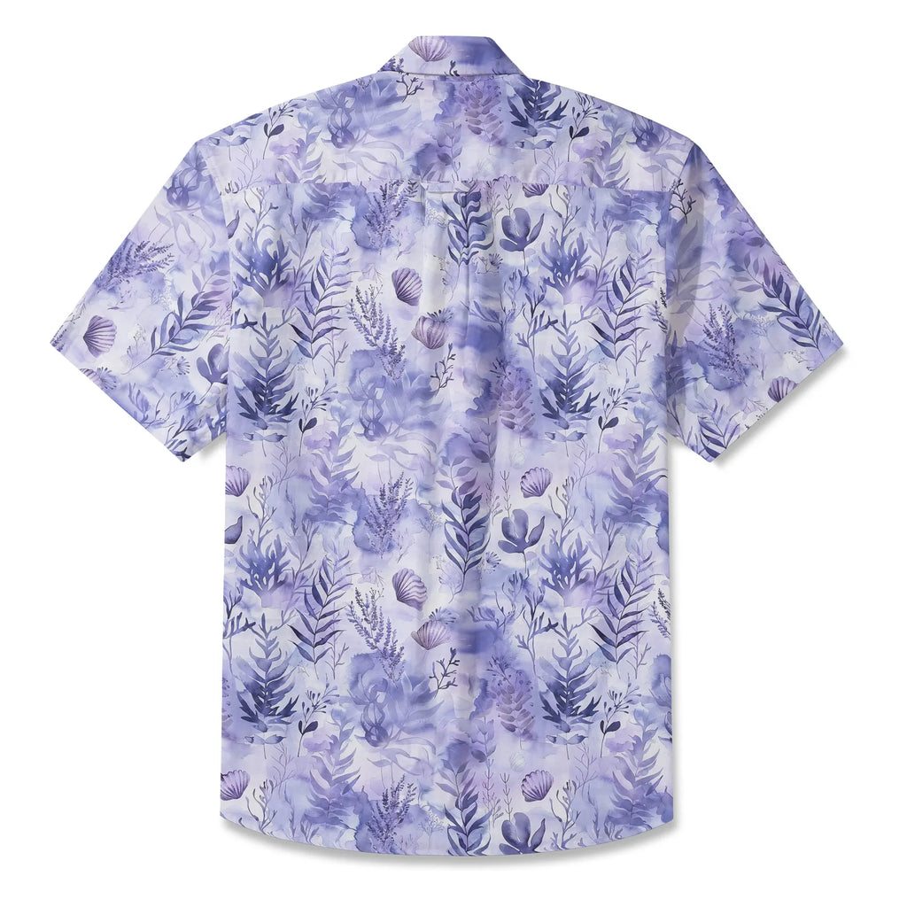LeosWare® Men's Hawaiian Shirt Short Sleeve Button-up 100% Cotton Purple Aloha Purple Mist Seaweed By Ann