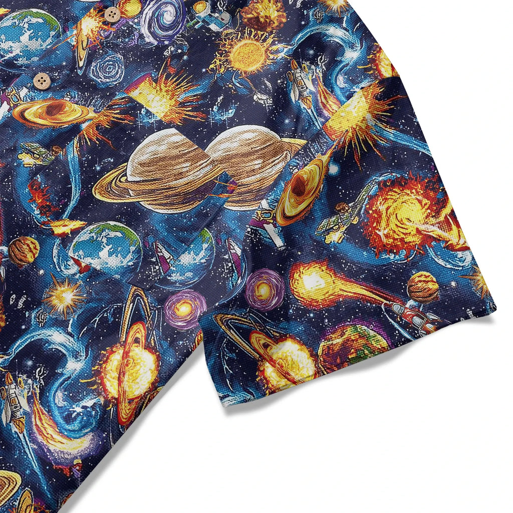 LeosWare® Men's Hawaiian Shirt Short Sleeve Button-up 100% Cotton Blue Aloha Journey Across The Stars By Ann