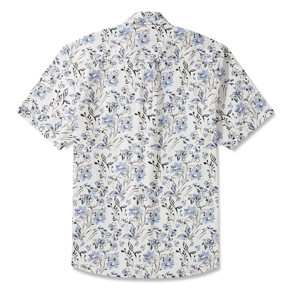 LeosWare® Men's Hawaiian Shirt Short Sleeve Button-up 100% Cotton Blue Aloha Graceful Sky Flowers By Huan huan