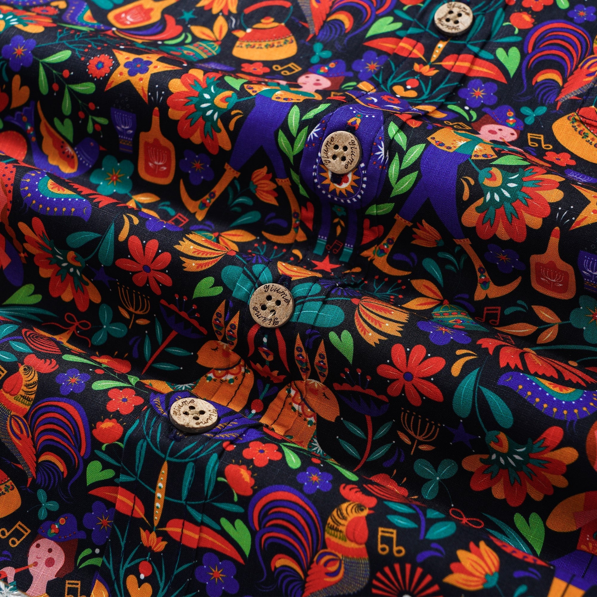 Men's Hawaiian Shirt Short Sleeve Button-down 100% Cotton Black Aloha Scandinavian Folk Party By Pallavi Chaudhary