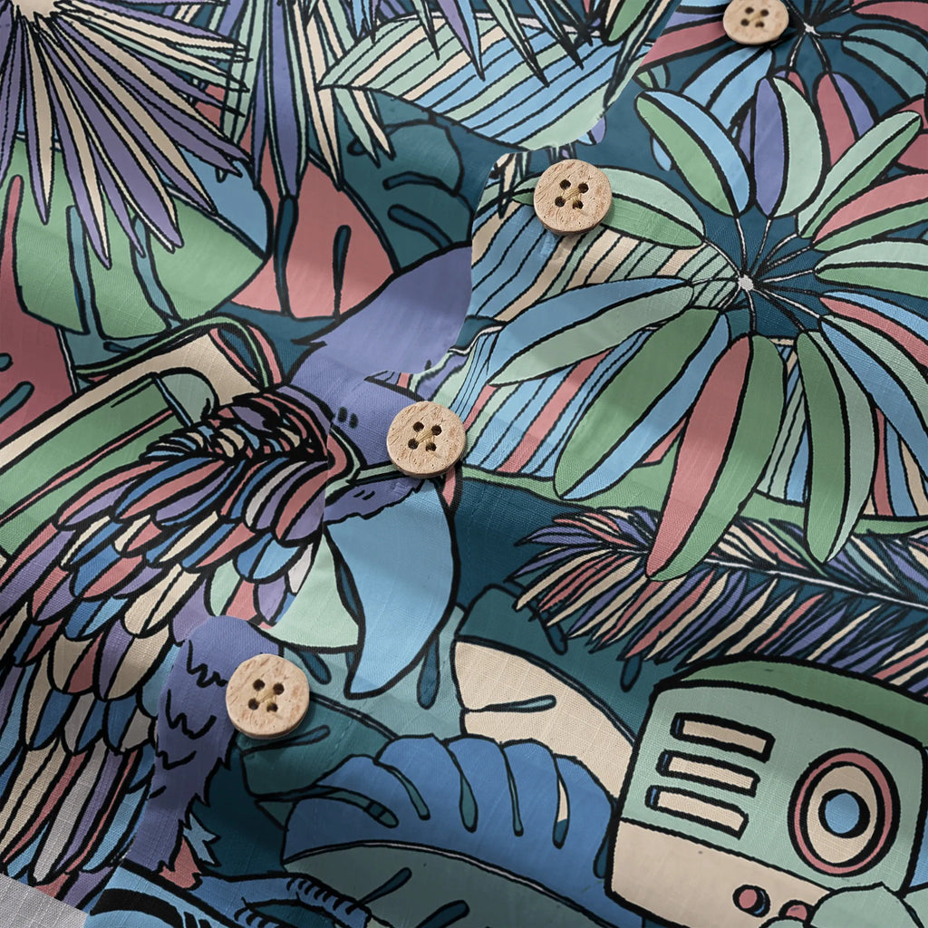 LeosWare® Men's Hawaiian Shirt Short Sleeve Button-up 100% Cotton Blue Aloha Parrot In The Enchanted Forest By Huan huan
