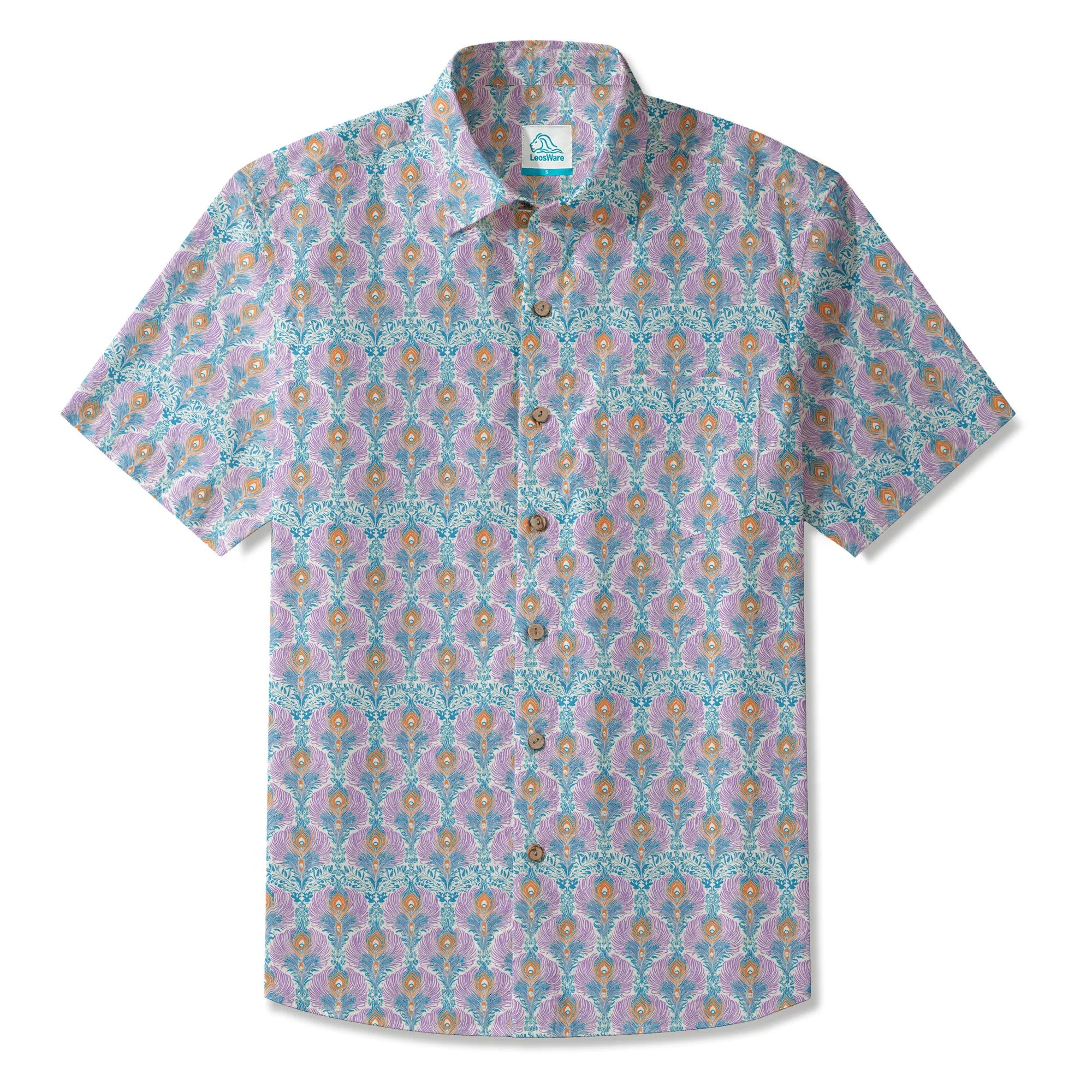 LeosWare® Men's Hawaiian Shirt Short Sleeve Button-up 100% Cotton Aloha Indian Finch Totem By Ann