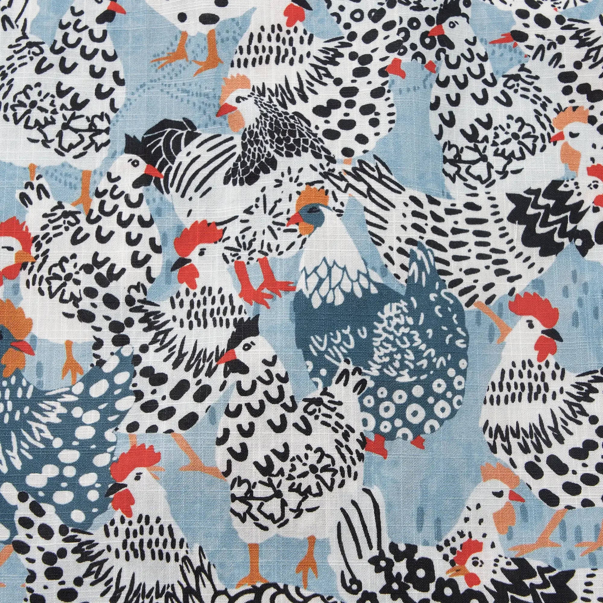 Men's Hawaiian Shirt Short Sleeve Camp Collar 100% Cotton Blue Aloha Clucking Chicken Friends By Annick