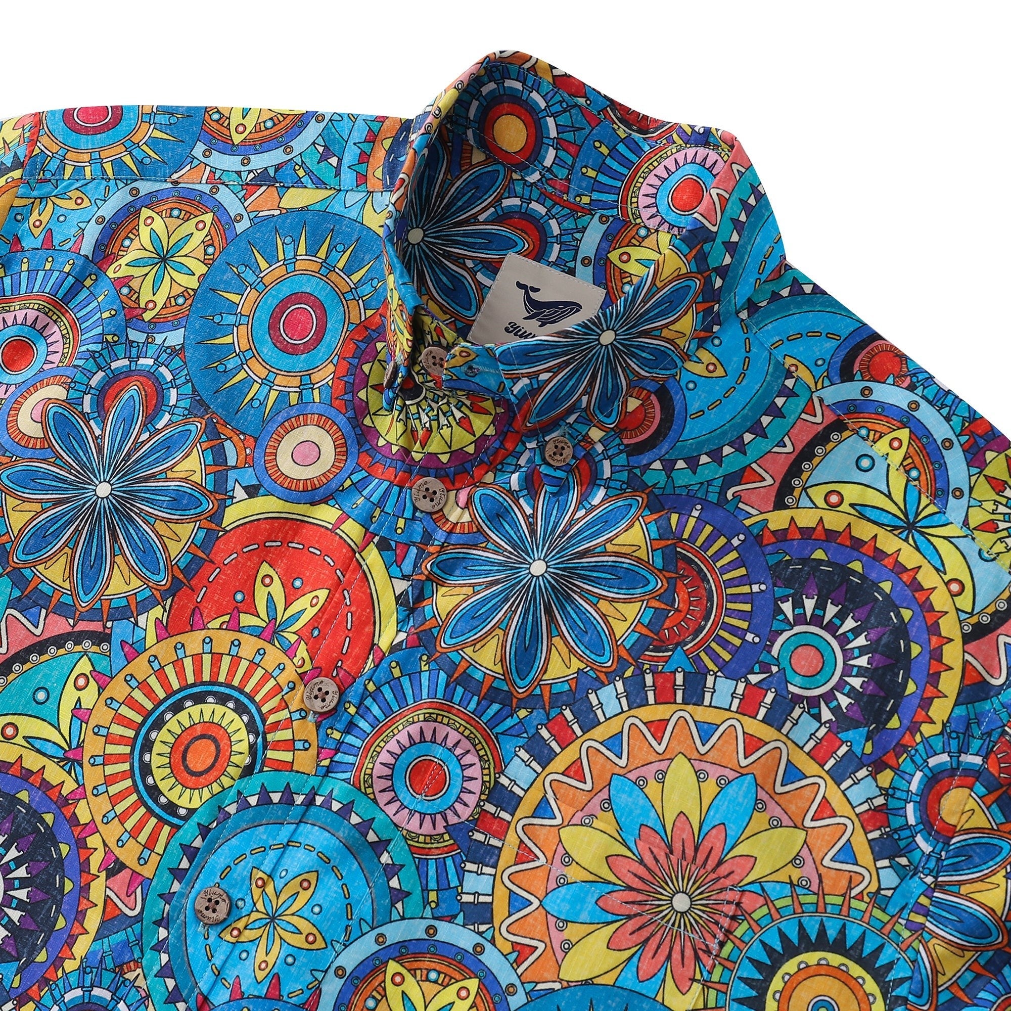 Blue Mandala Hawaiian Shirt For Men Short Sleeve Geometric Button-down Shirt 100% Cotton Shirt Mandala Mosaic By Cigar