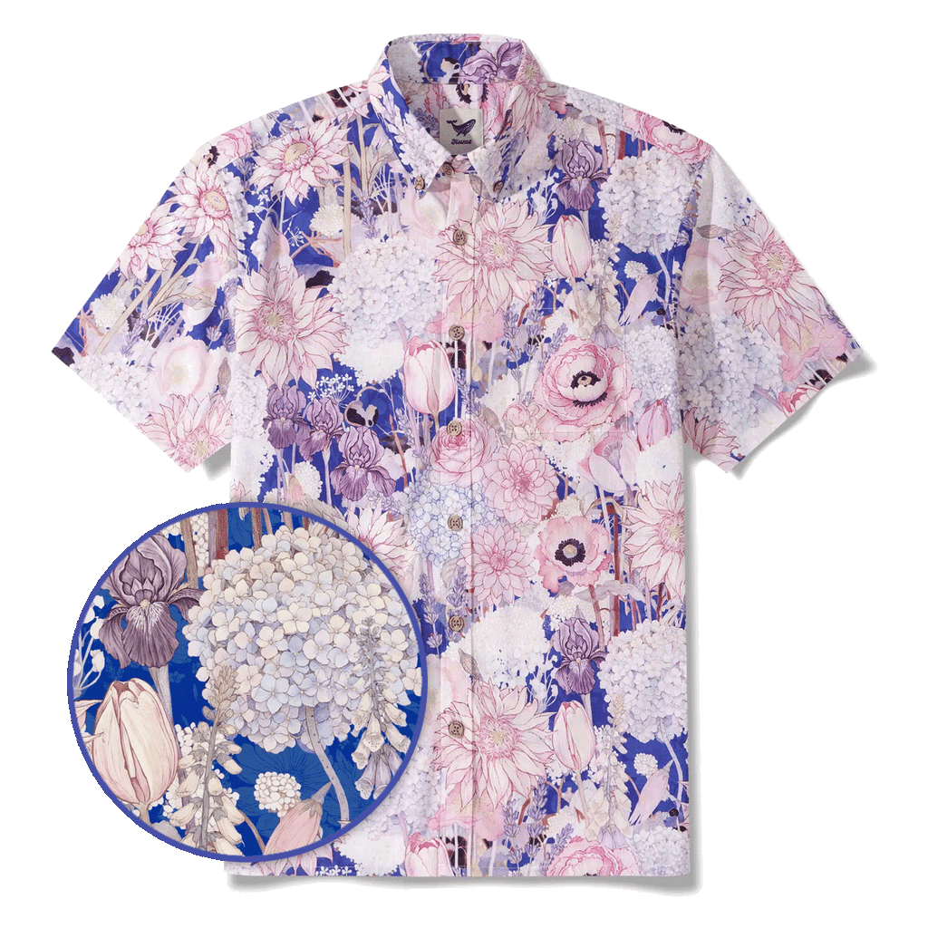 Men's Hawaiian Shirt Short Sleeve Button-down 100% Cotton Blue Aloha Hidden Garden By Huan huan