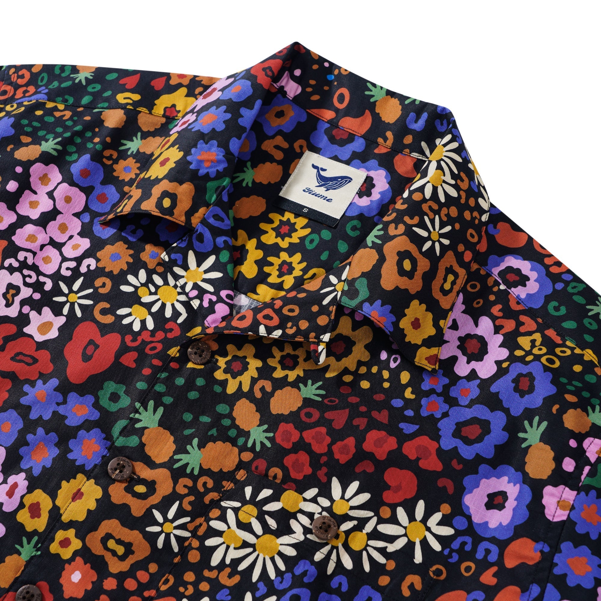 Men's Hawaiian Shirt Short Sleeve Camp Collar 100% Cotton Black Aloha Midnight Blossoms Leopard Print By Huan huan