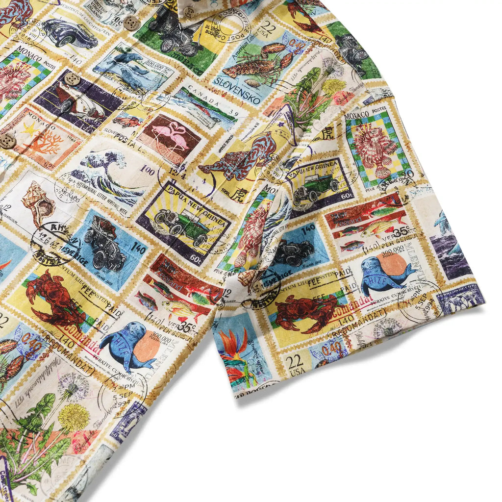 Men's Hawaiian Shirt Short Sleeve Button-down 100% Cotton White Aloha Nautical Vintage Car Postage Stamp Collage By Huan huan
