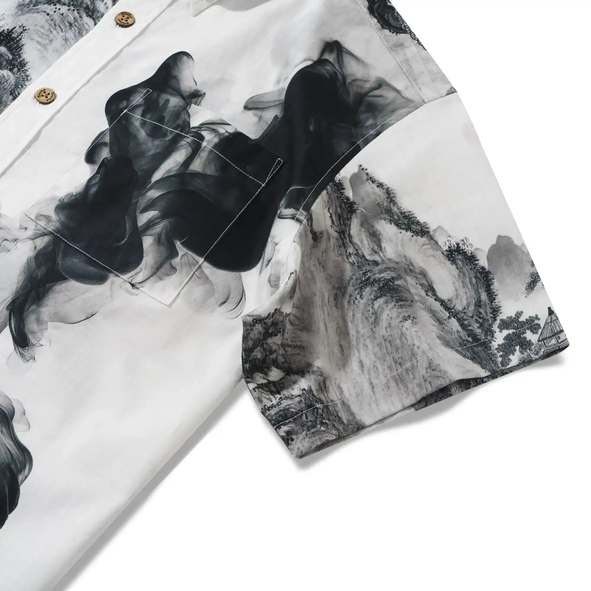 Men's Hawaiian Shirt Short Sleeve Button-down 100% Cotton Black Aloha Oriental Inkscape By DUDU