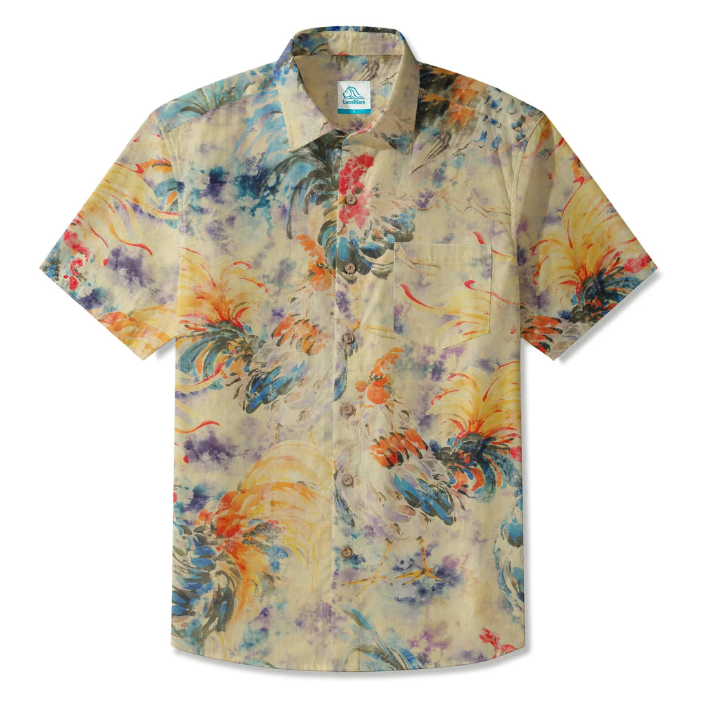 LeosWare® Men's Hawaiian Shirt Short Sleeve Button-up 100% Cotton Orange Aloha Enchanting Rooster By Huan huan