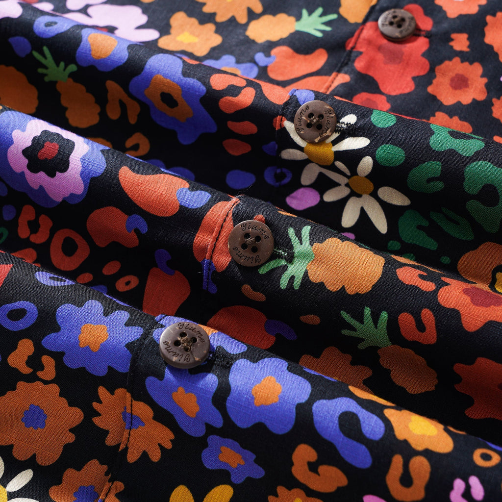 Men's Hawaiian Shirt Short Sleeve Camp Collar 100% Cotton Black Aloha Midnight Blossoms Leopard Print By Huan huan