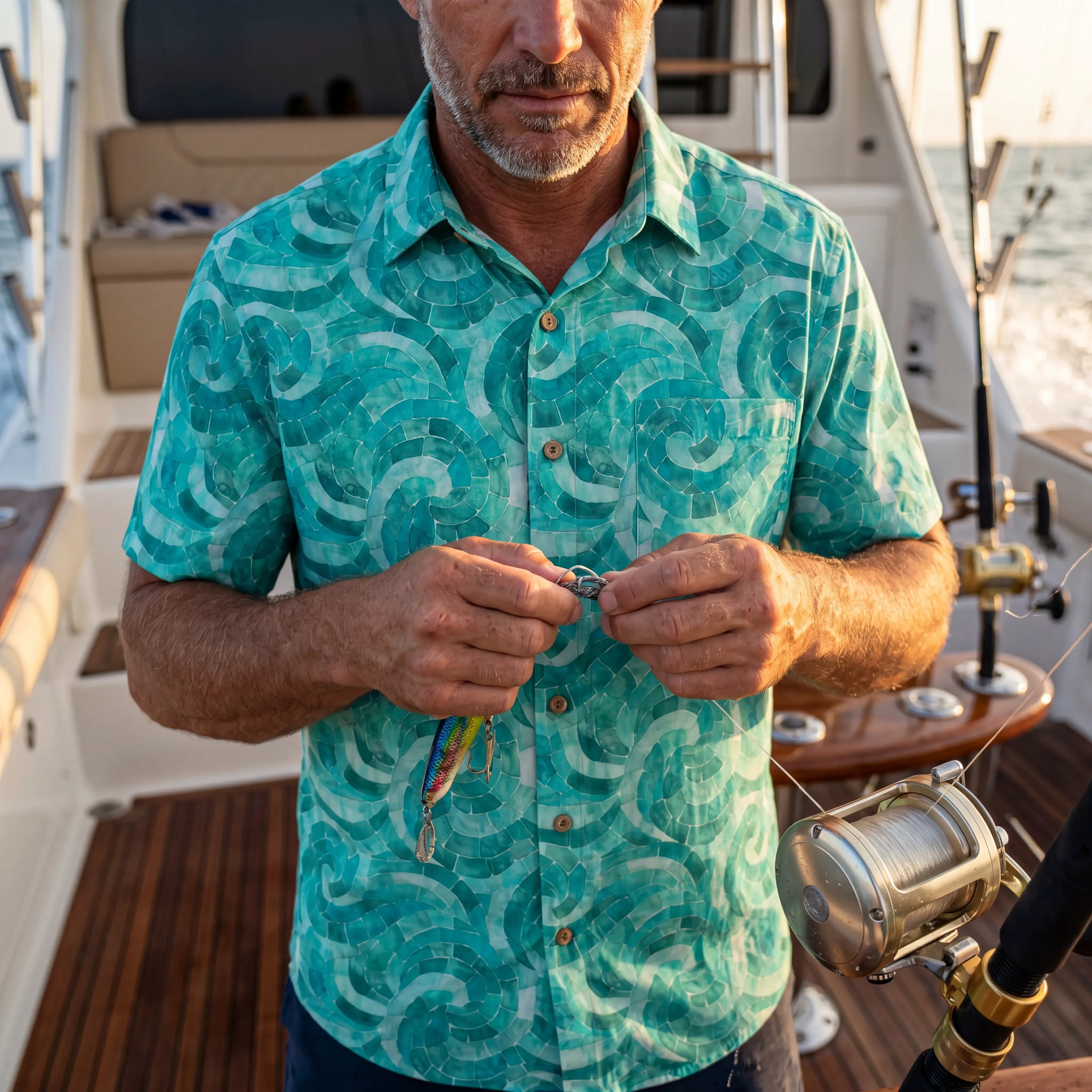 LeosWare® Men's Hawaiian Shirt Short Sleeve Button-up 100% Cotton Green Aloha Azure Seashell Whispers By Ann