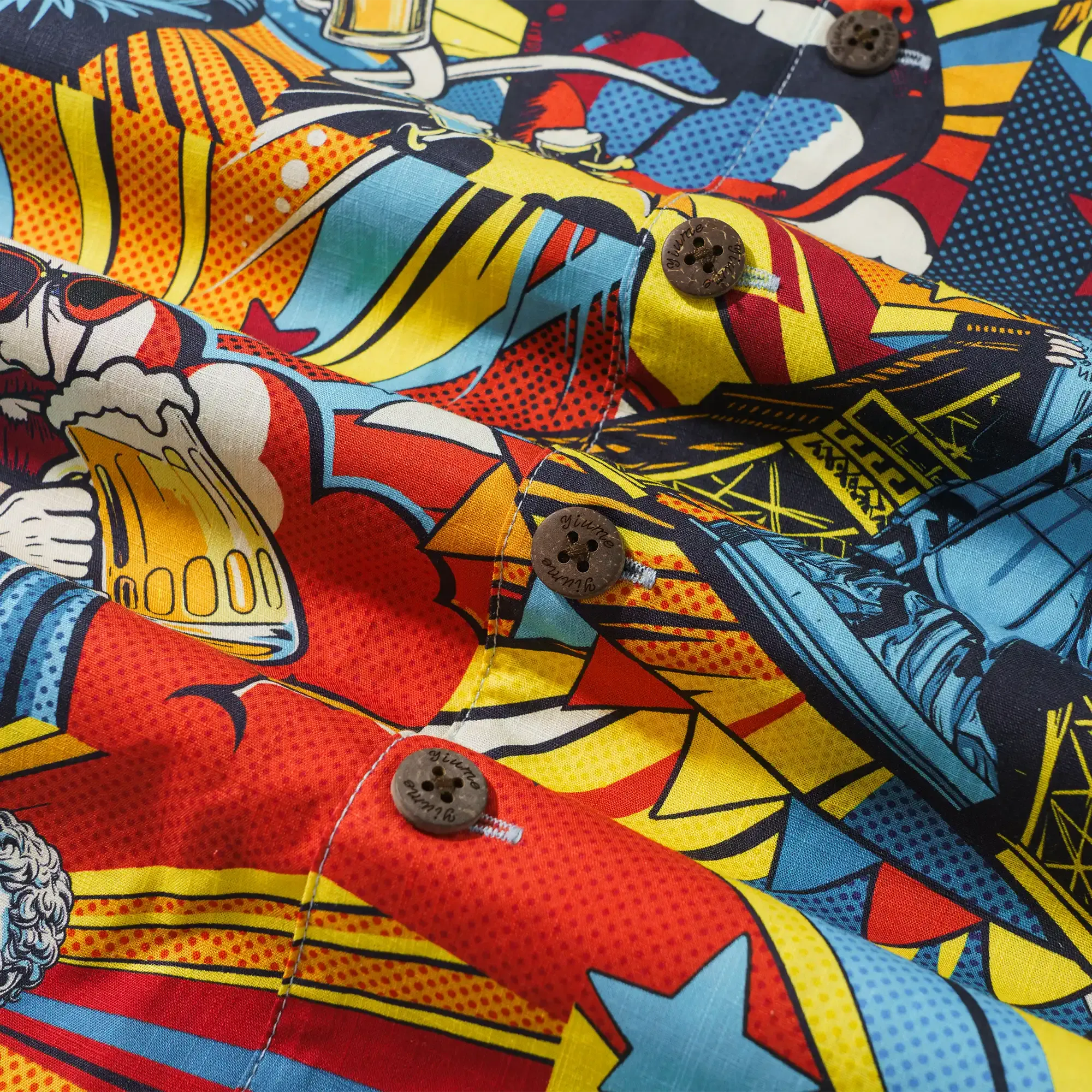Men's Hawaiian Shirt Short Sleeve Camp Collar 100% Cotton Blue Aloha Pop Art Bacchanalia By Huan huan