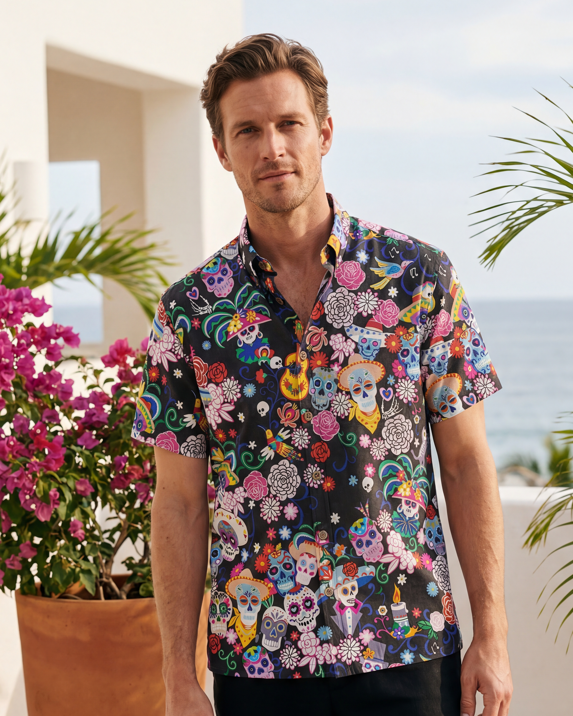 Men's Hawaiian Shirt Short Sleeve Button-down 100% Cotton Aloha Colorful Skull Carnival Mexico-Inspired By Huan huan