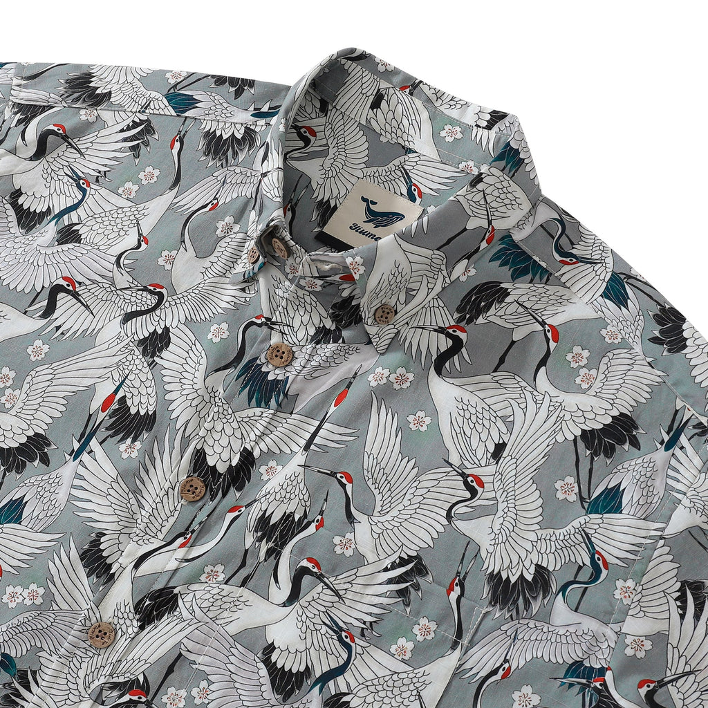 Men's Hawaiian Shirt Short Sleeve Button-down 100% Cotton Gray Aloha The Feast Of Cranes By Seven