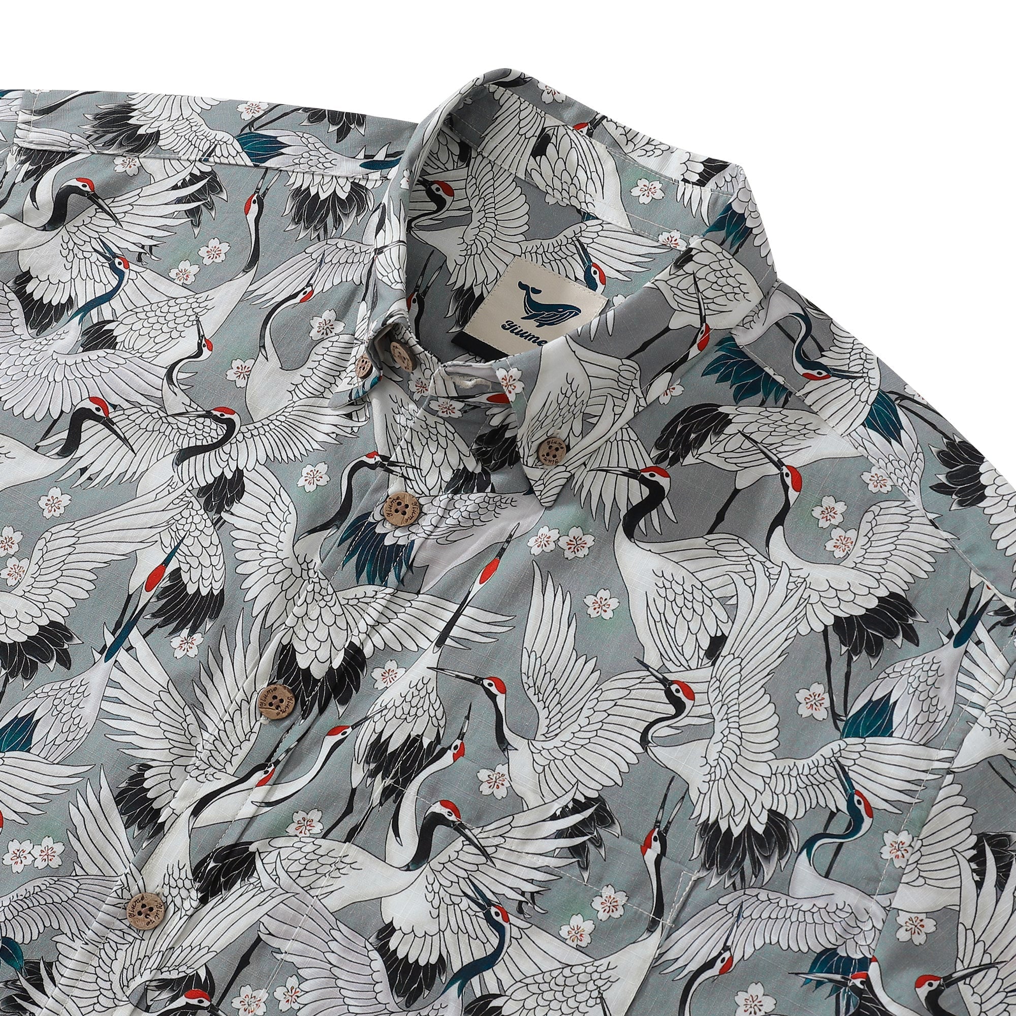Men's Hawaiian Shirt Short Sleeve Button-down 100% Cotton Gray Aloha The Feast Of Cranes By Seven
