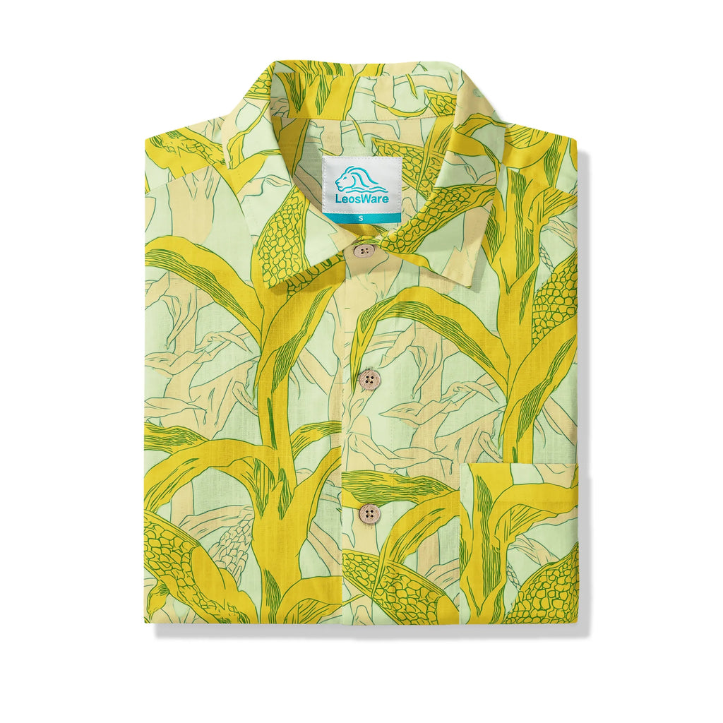 LeosWare® Men's Hawaiian Shirt Short Sleeve Button-up 100% Cotton Yellow Aloha Golden Summer Harvest By Ann