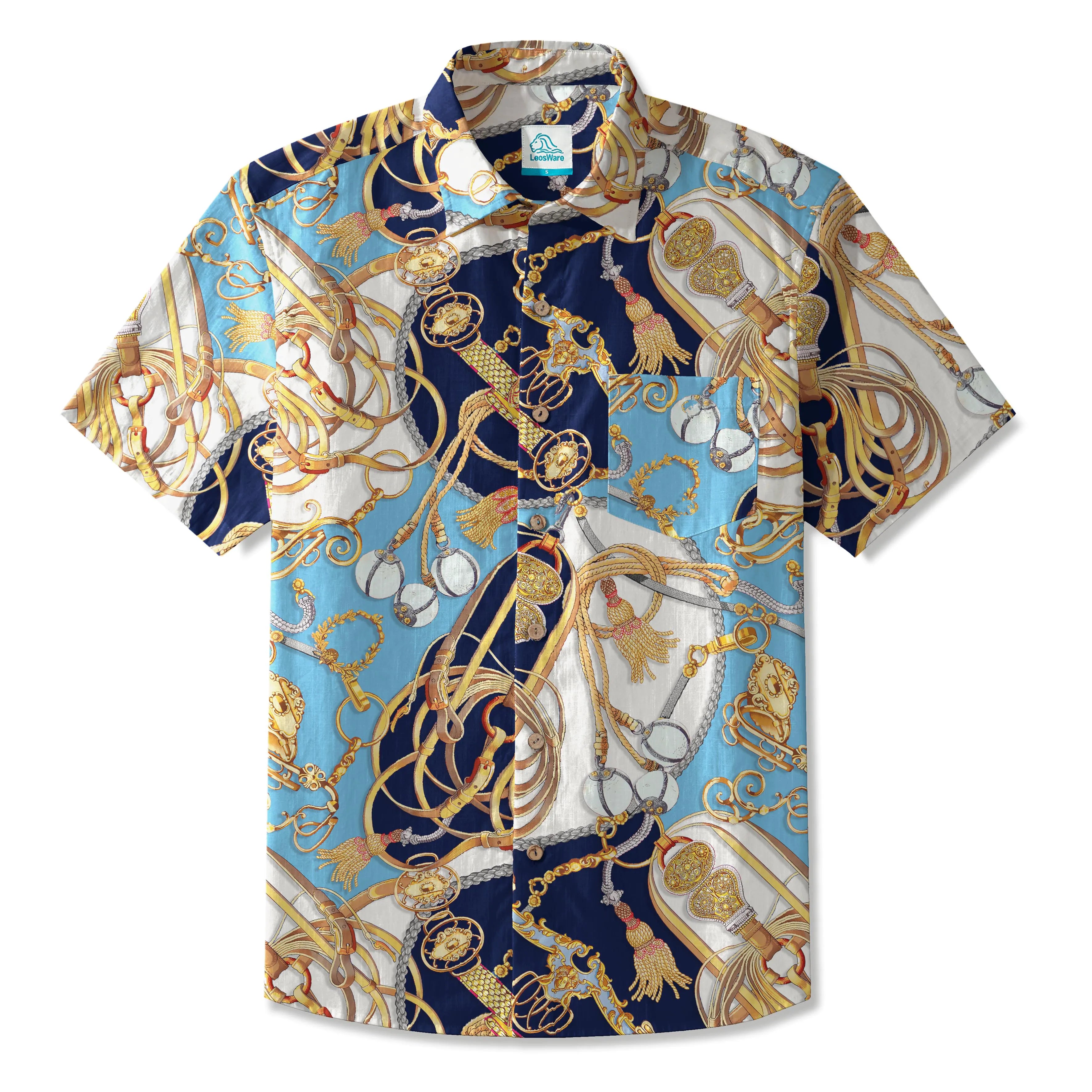 LeosWare® Men's Hawaiian Shirt Short Sleeve Button-up 100% Cotton Blue Aloha Luxury Equestrian Art By Huan huan