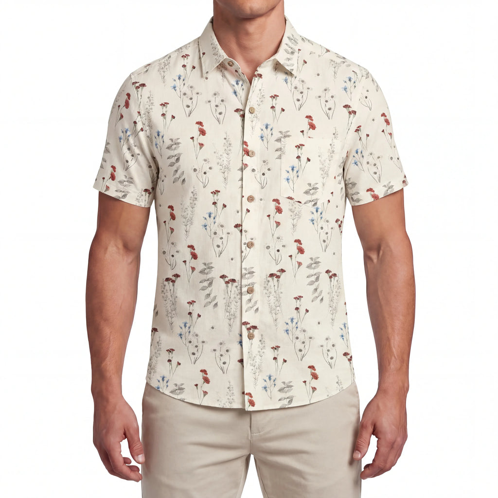 LeosWare® Men's Hawaiian Shirt Short Sleeve Button-up 100% Cotton Beige Aloha Field Of Wildflowers By Patch