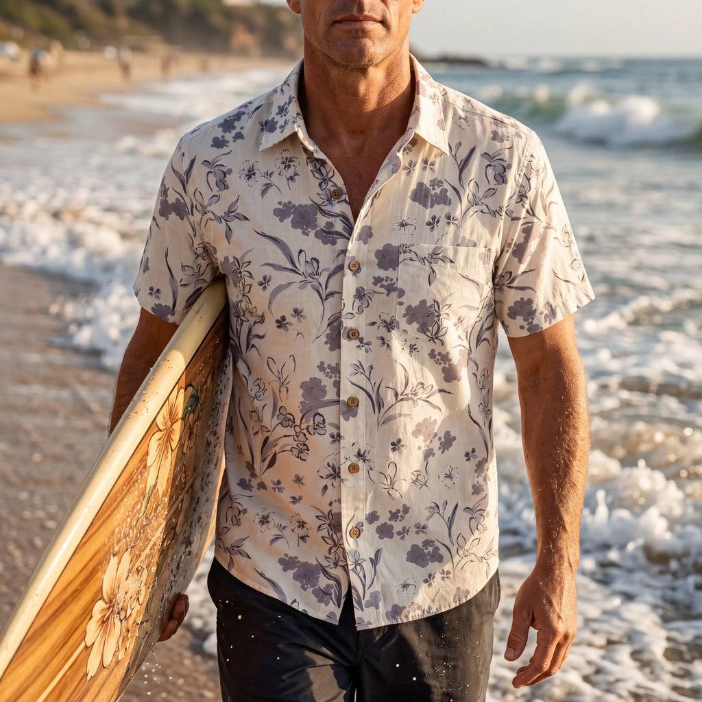 LeosWare® Men's Hawaiian Shirt Short Sleeve Button-up 100% Cotton Gray Aloha Exquisite Art Gray Floral Design By Huan huan