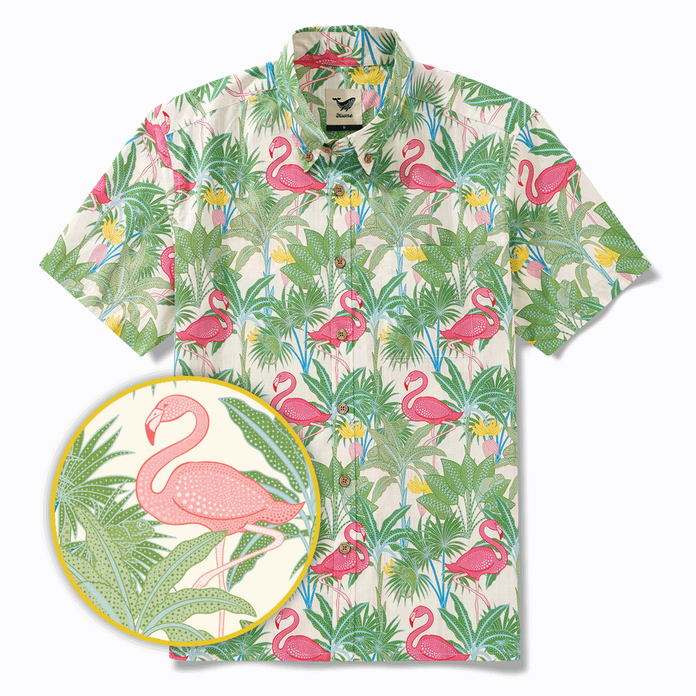 Chemise hawaïenne masculine bouton à manches courtes 100% coton beige alloha flamants et caméléons par house of haricot