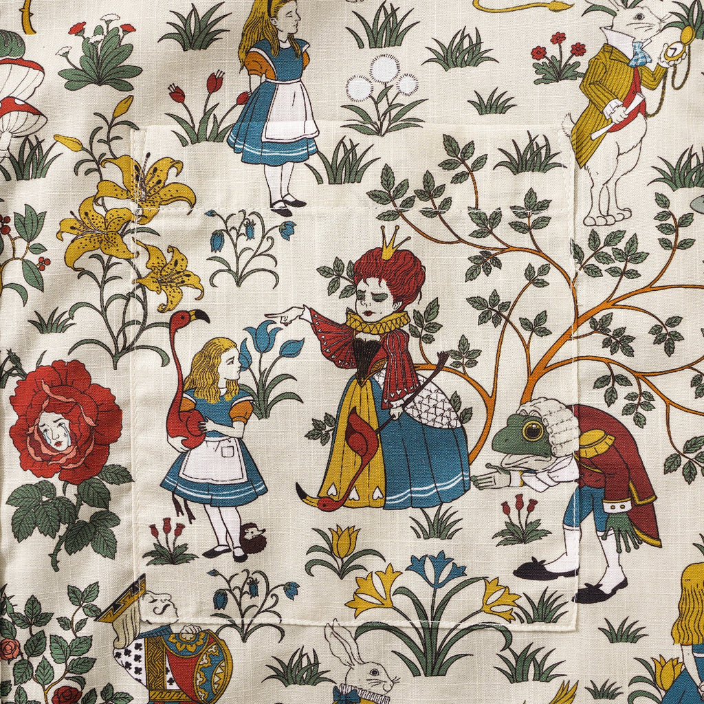 Men's Hawaiian Shirt Short Sleeve Button-down 100% Cotton Beige Aloha Alice's Wonderland By Zeke