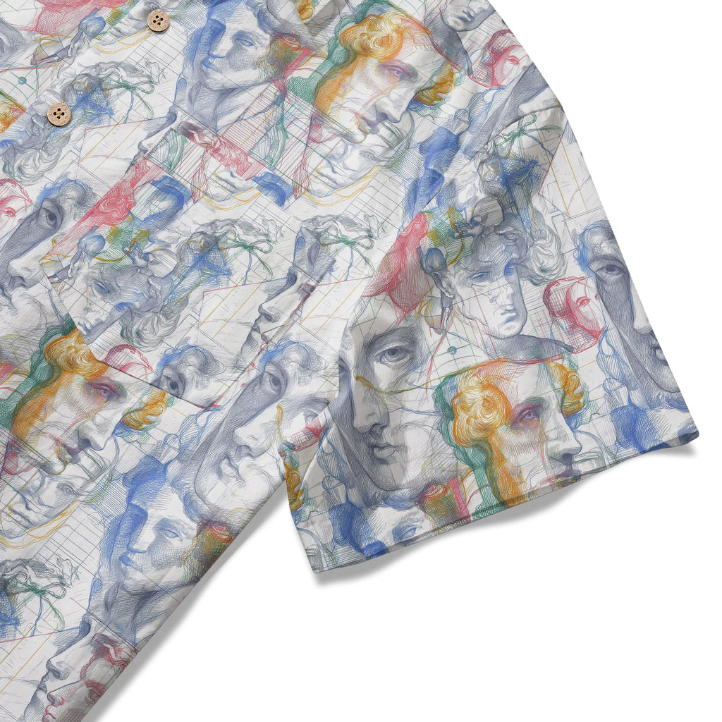 LeosWare® Men's Hawaiian Shirt Short Sleeve Button-up 100% Cotton White Aloha Master Sketch Fantasia By Ann