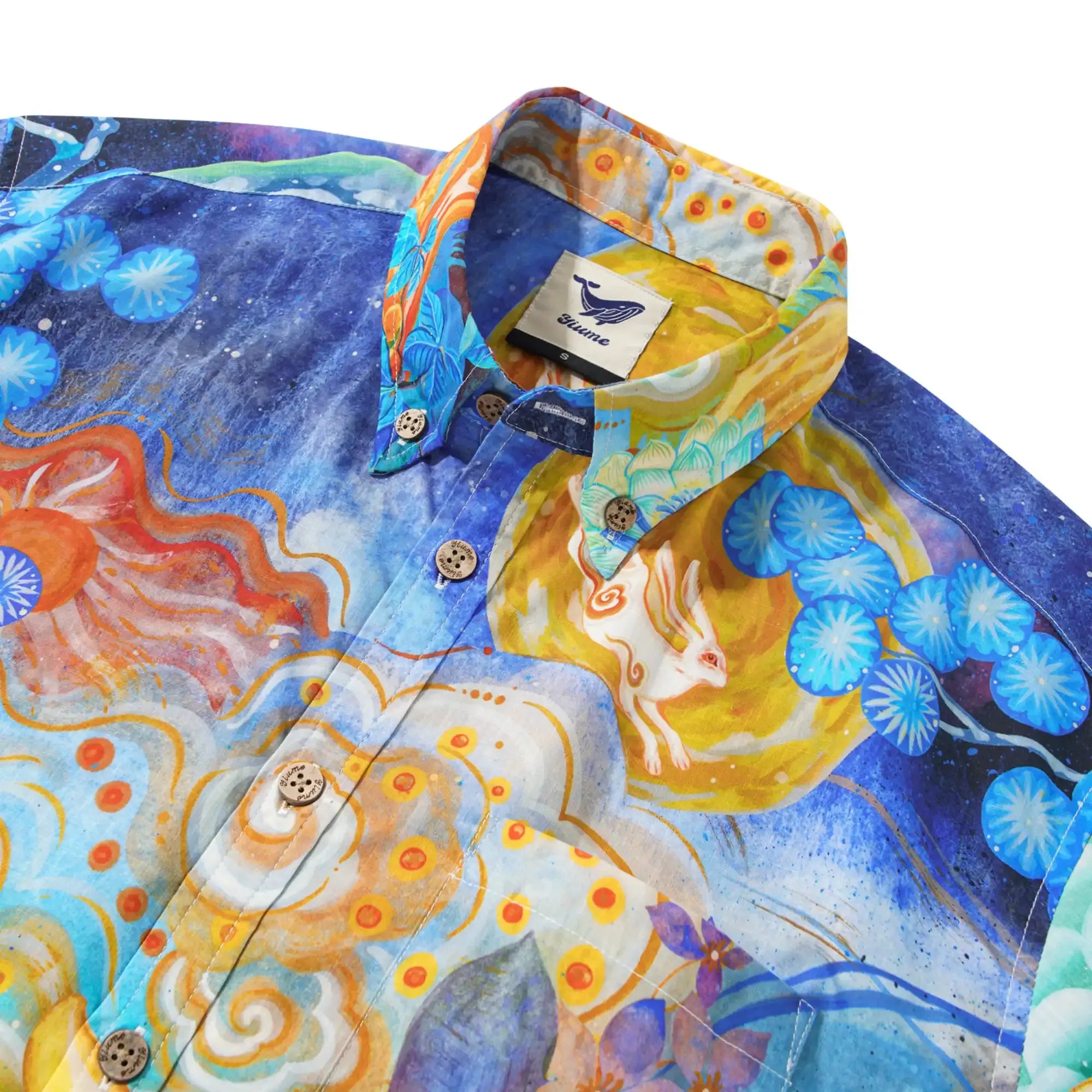 Yiume Men's Designer Hawaiian Shirt Cloud-wandering Koi Print Cotton Blue Aloha Shirt By Sylvia
