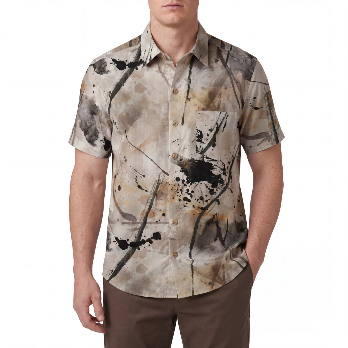 Chemise hawaïenne pour hommes LeosWare® à manches courtes, boutonnée en 100 % coton, marron Aloha Journey Of Abstraction par Huan huan