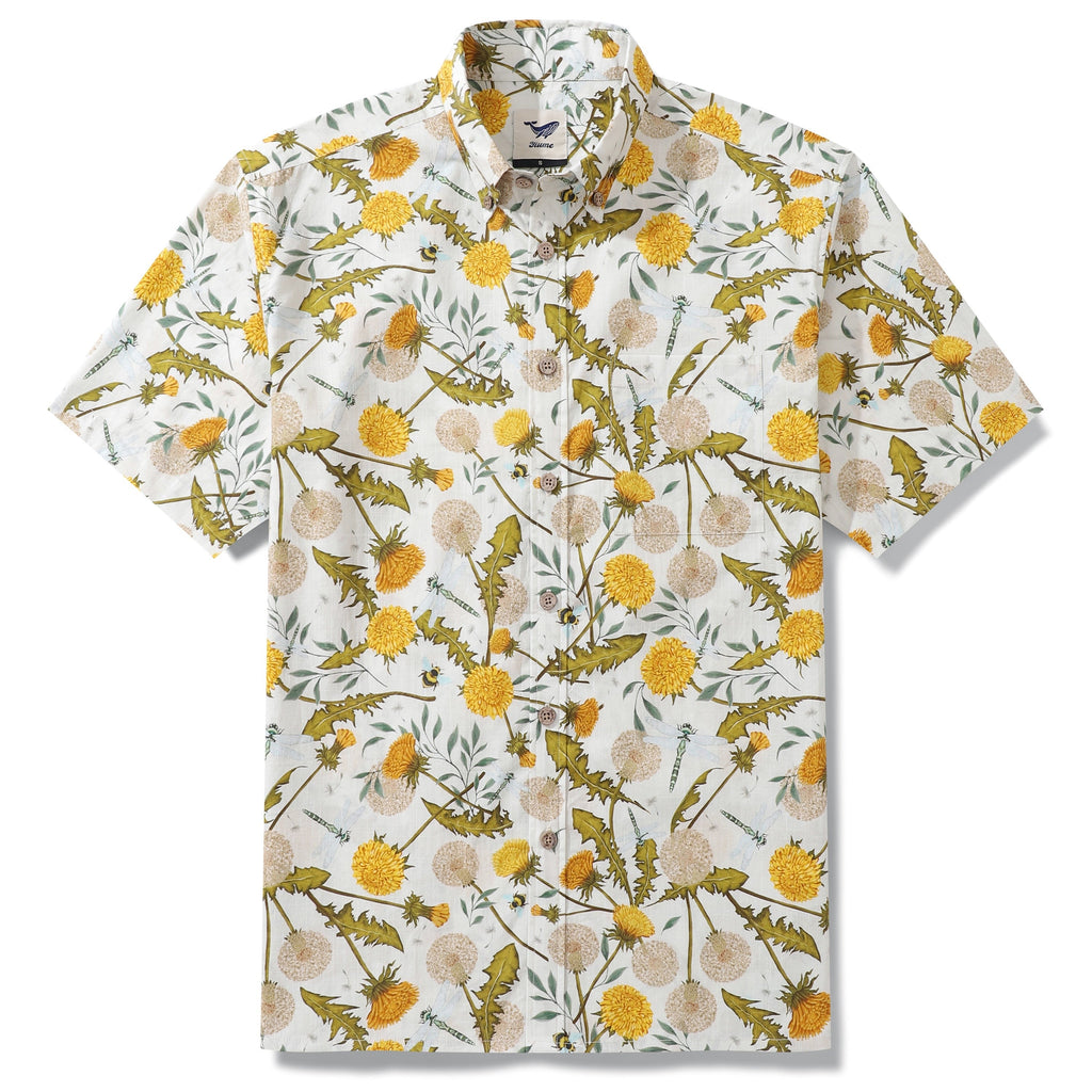 Yiume Tropical Hawaiian Shirt For Men 100% Cotton Short Sleeve Button-down Aloha Shirt Dandelions and Dragonflies Shirt By Silver Steer Design