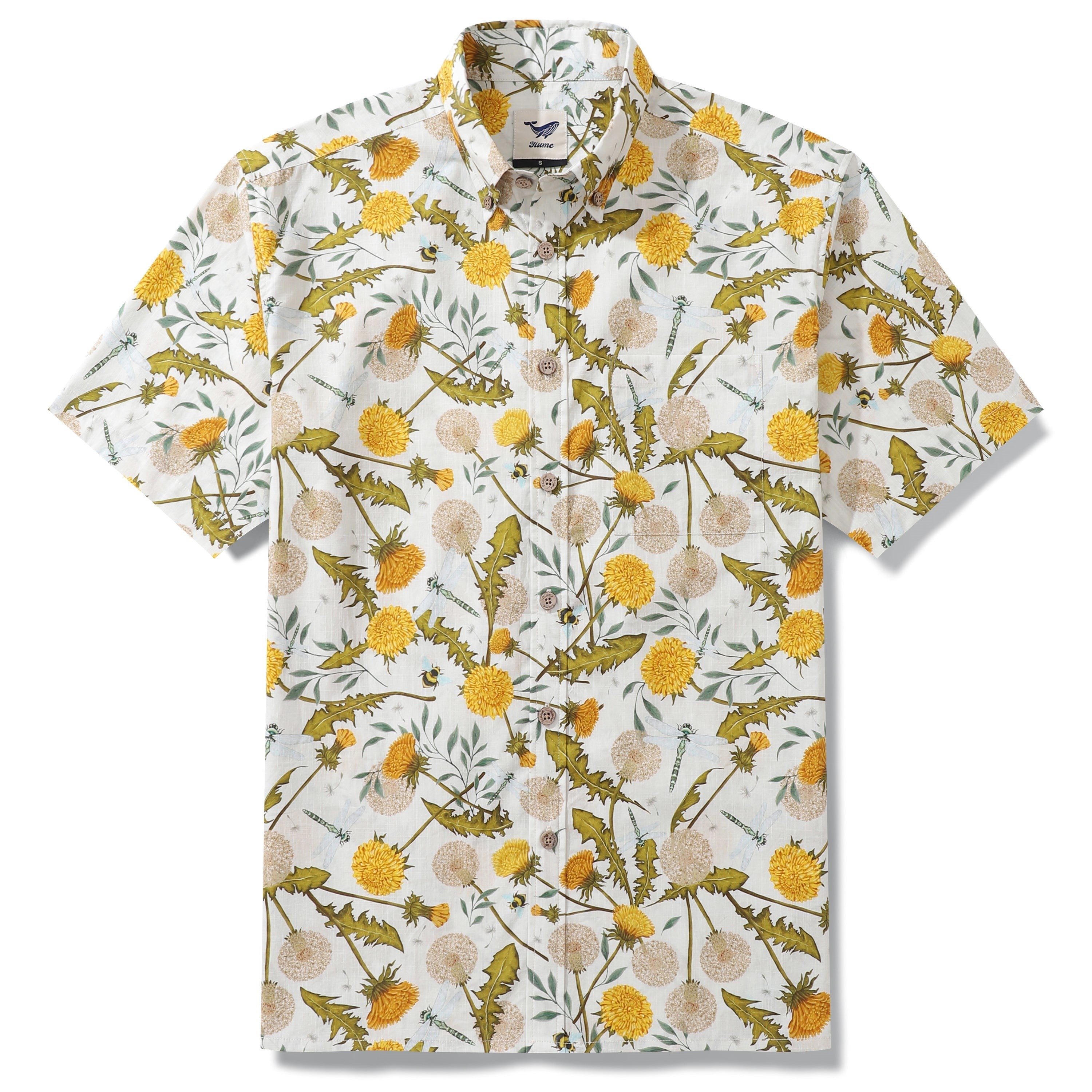 Yiume Tropical Hawaiian Shirt For Men 100% Cotton Short Sleeve Button-down Aloha Shirt Dandelions and Dragonflies Shirt By Silver Steer Design