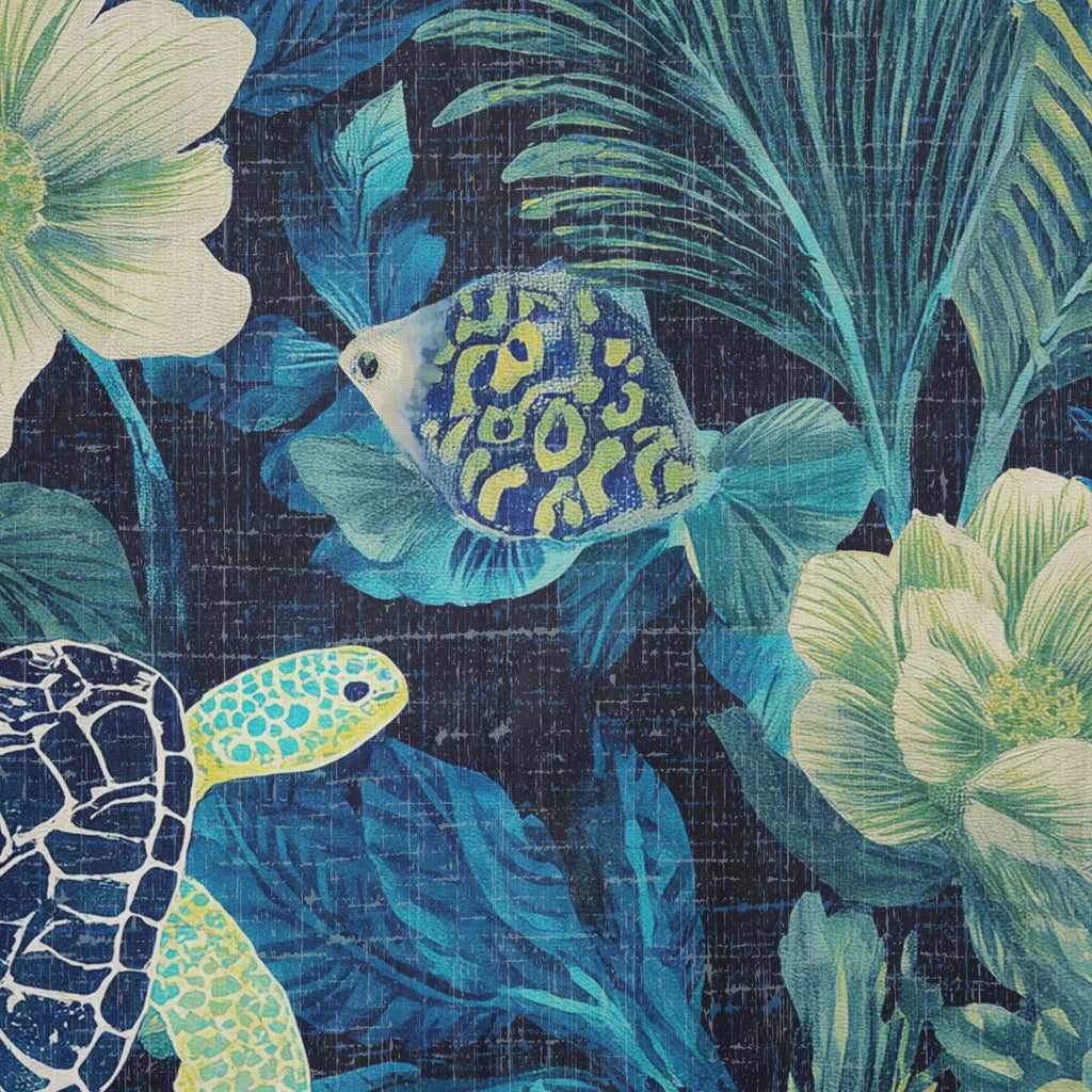 LeosWare® Men's Hawaiian Shirt Short Sleeve Button-up 100% Cotton Blue Aloha Deep Sea Flowers And Turtles By Ann
