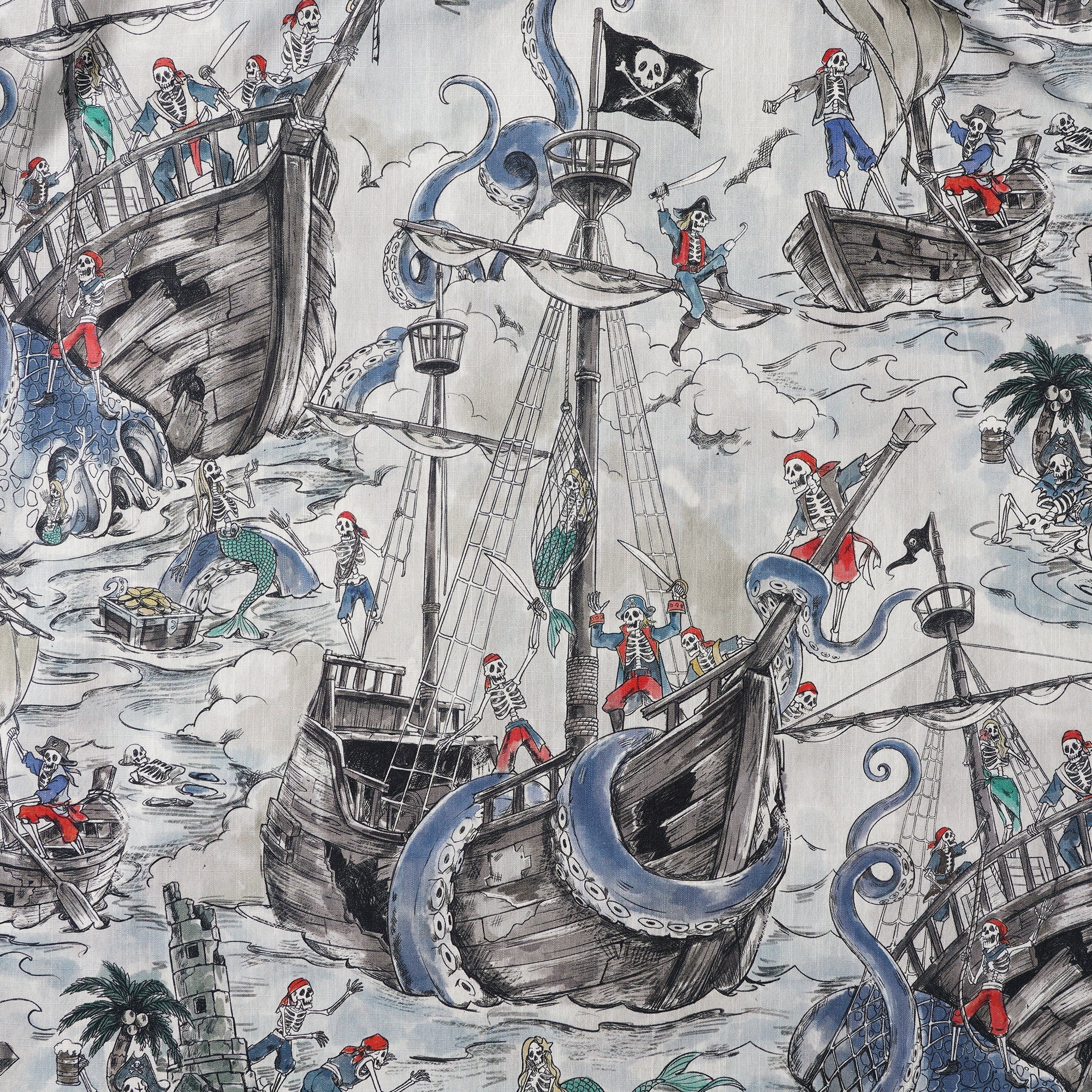Men's Hawaiian Shirt Short Sleeve Camp Collar 100% Cotton Blue Aloha Mermaid's Skull Island By Zeke