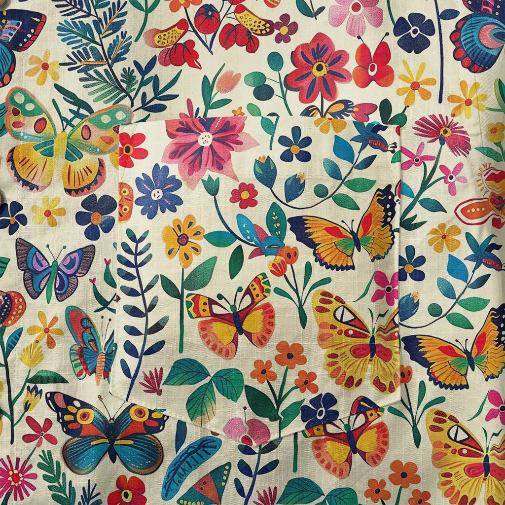 Chemise hawaïenne pour hommes LeosWare® à manches courtes avec boutons 100 % coton beige Aloha Butterflies Whispers In Full Bloom par Ann