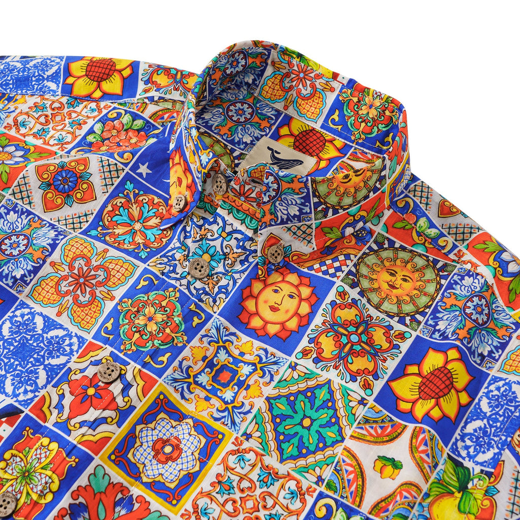 Men's Hawaiian Shirt Short Sleeve Button-down 100% Cotton Aloha Mediterranean Tile Haven By Yana