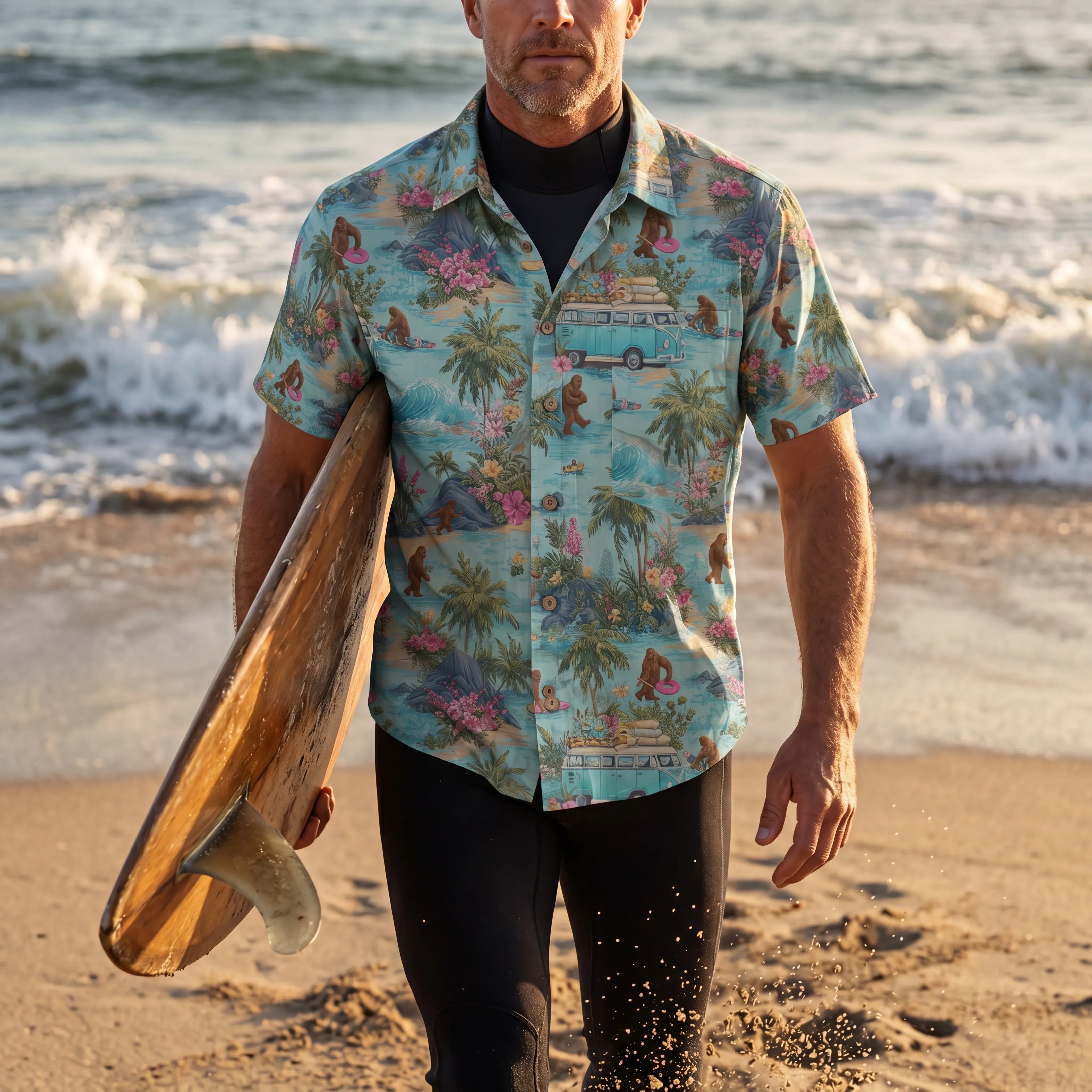 LeosWare® Men's Hawaiian Shirt Short Sleeve Button-up 100% Cotton Blue Aloha Tropical Drift Of Bigfoot By Ann