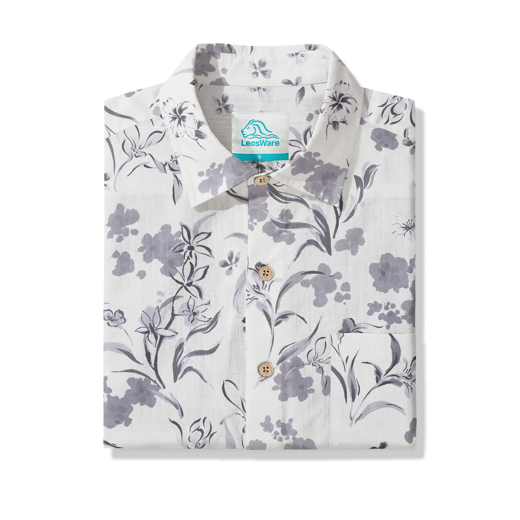 LeosWare® Men's Hawaiian Shirt Short Sleeve Button-up 100% Cotton Gray Aloha Exquisite Art Gray Floral Design By Huan huan