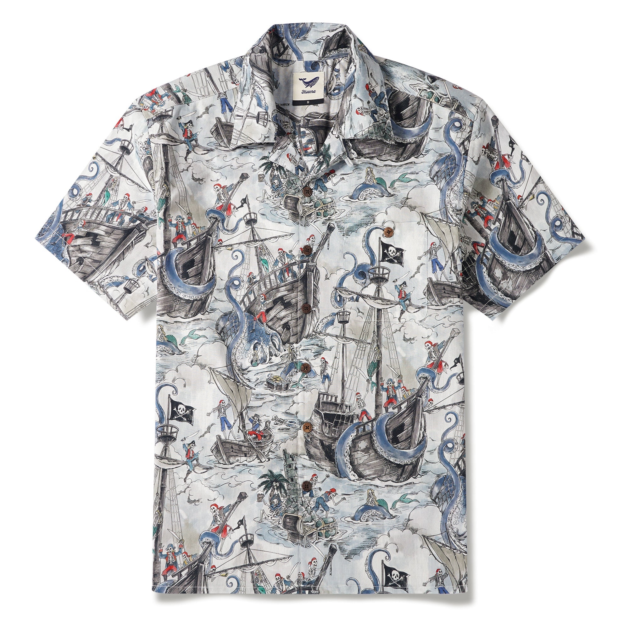 Men's Hawaiian Shirt Short Sleeve Camp Collar 100% Cotton Blue Aloha Mermaid's Skull Island By Zeke