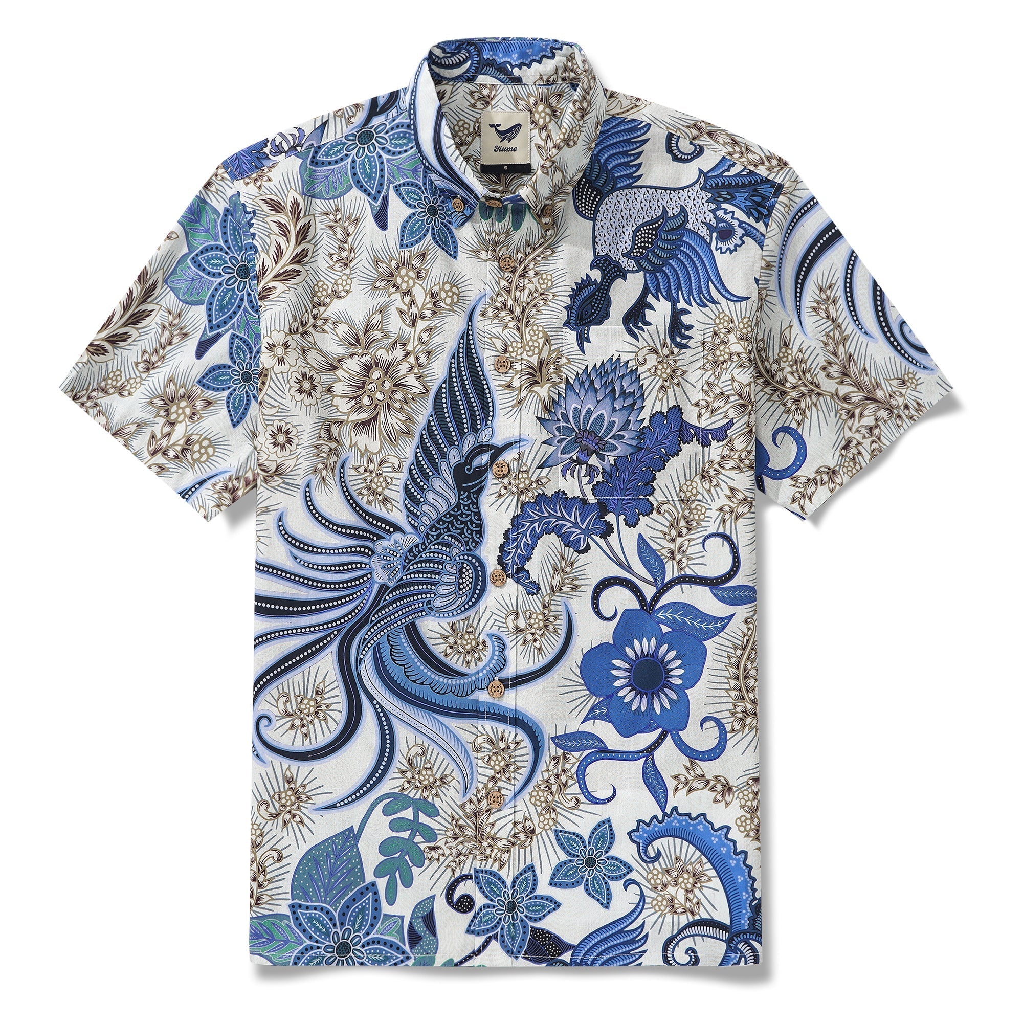 Men's Hawaiian Shirt Short Sleeve Button-down 100% Cotton Blue Phoenix Aloha Shirt By Sun