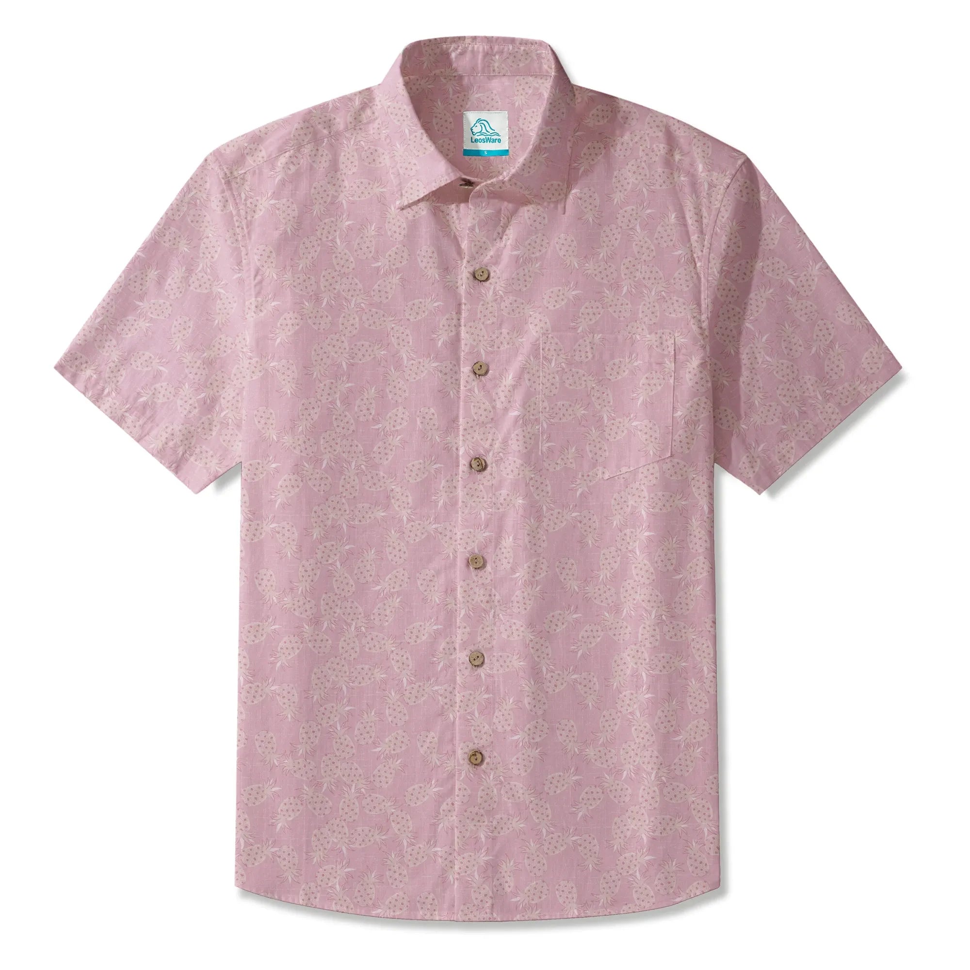 LeosWare® Men's Hawaiian Shirt Short Sleeve Button-up 100% Cotton Aloha Peach Pink Pineapple Breeze By Huan huan