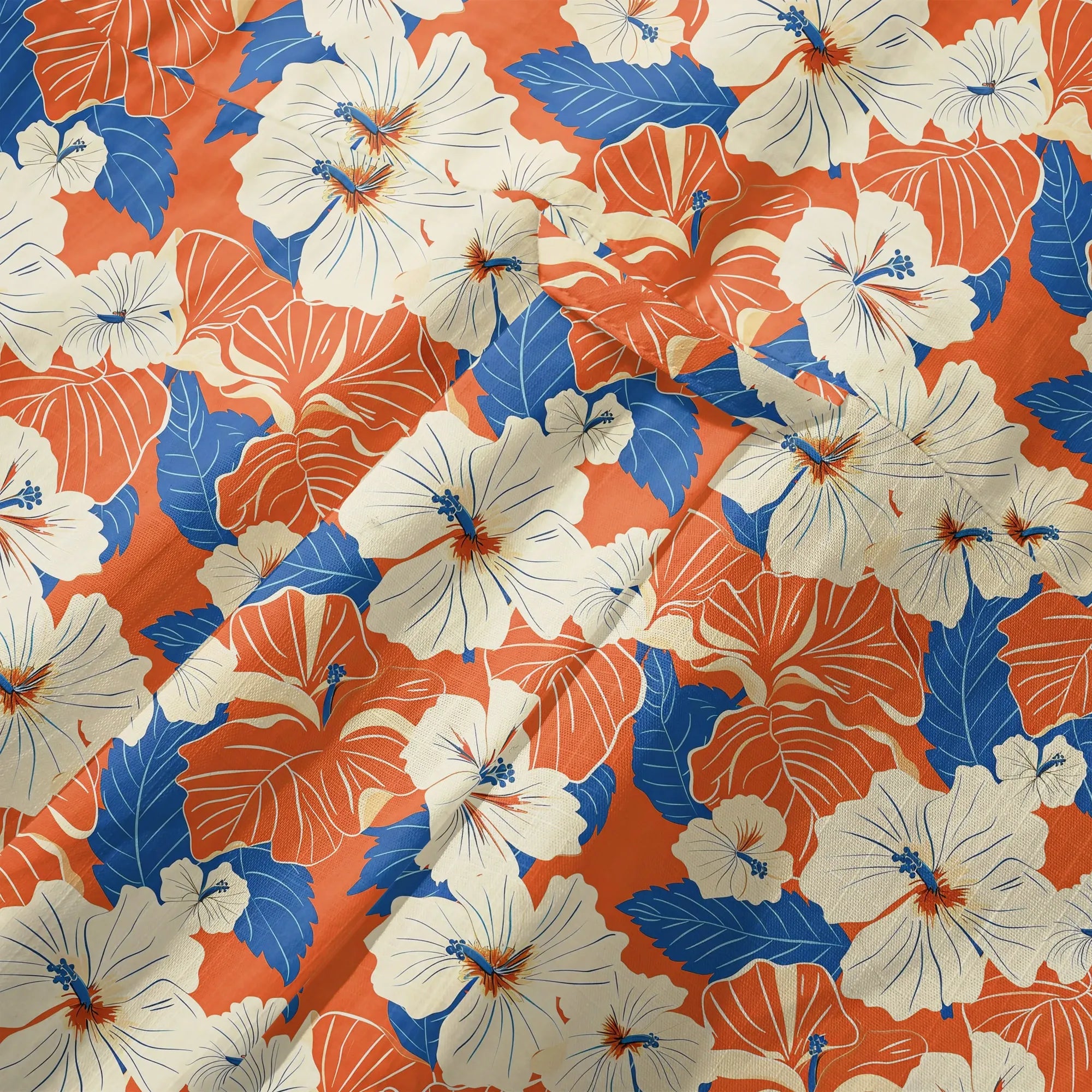 LeosWare® Men's Hawaiian Shirt Short Sleeve Button-up 100% Cotton Orange Aloha Orange Blue Hibiscus Whispers By Ann
