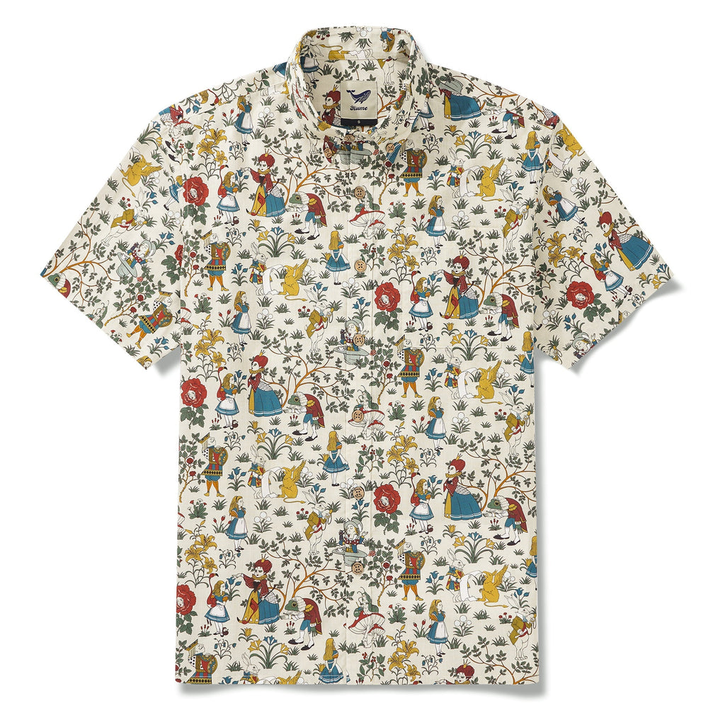Men's Hawaiian Shirt Short Sleeve Button-down 100% Cotton Beige Aloha Alice's Wonderland By Zeke