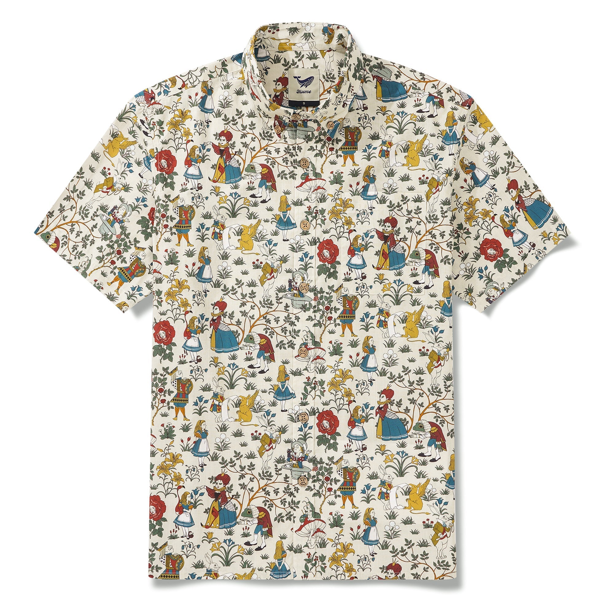 Men's Hawaiian Shirt Short Sleeve Button-down 100% Cotton Beige Aloha Alice's Wonderland By Zeke